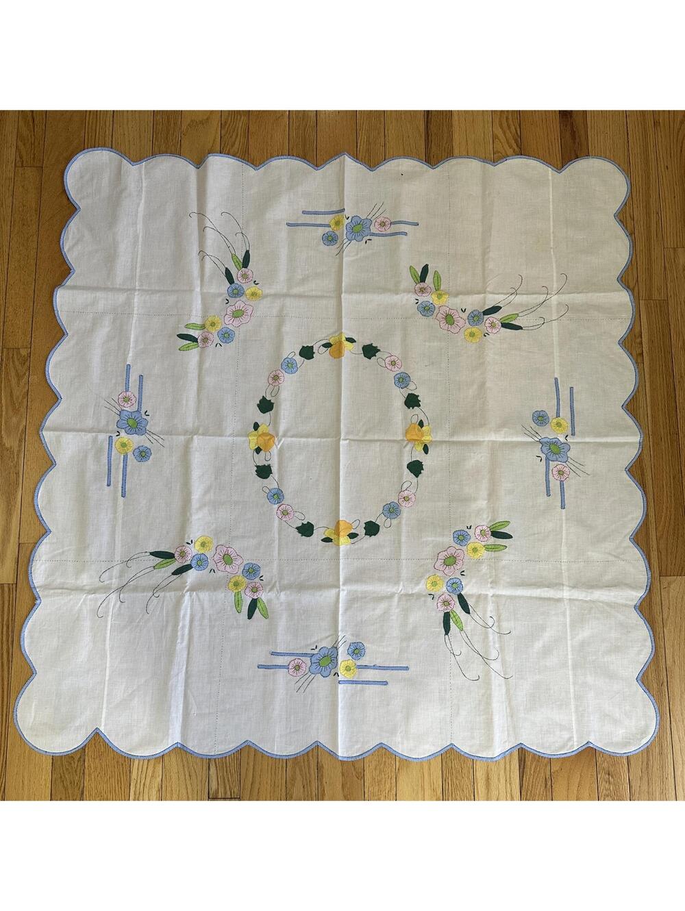 Vintage Pastel Floral Tablecloth 46x46 Cottagecore Farmhouse Spring Summer